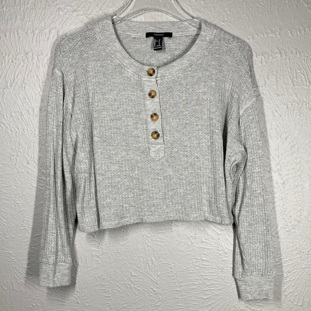 Forever 21 Grey Waffle Textured Long Sleeve Crop Top Women's Size Small
